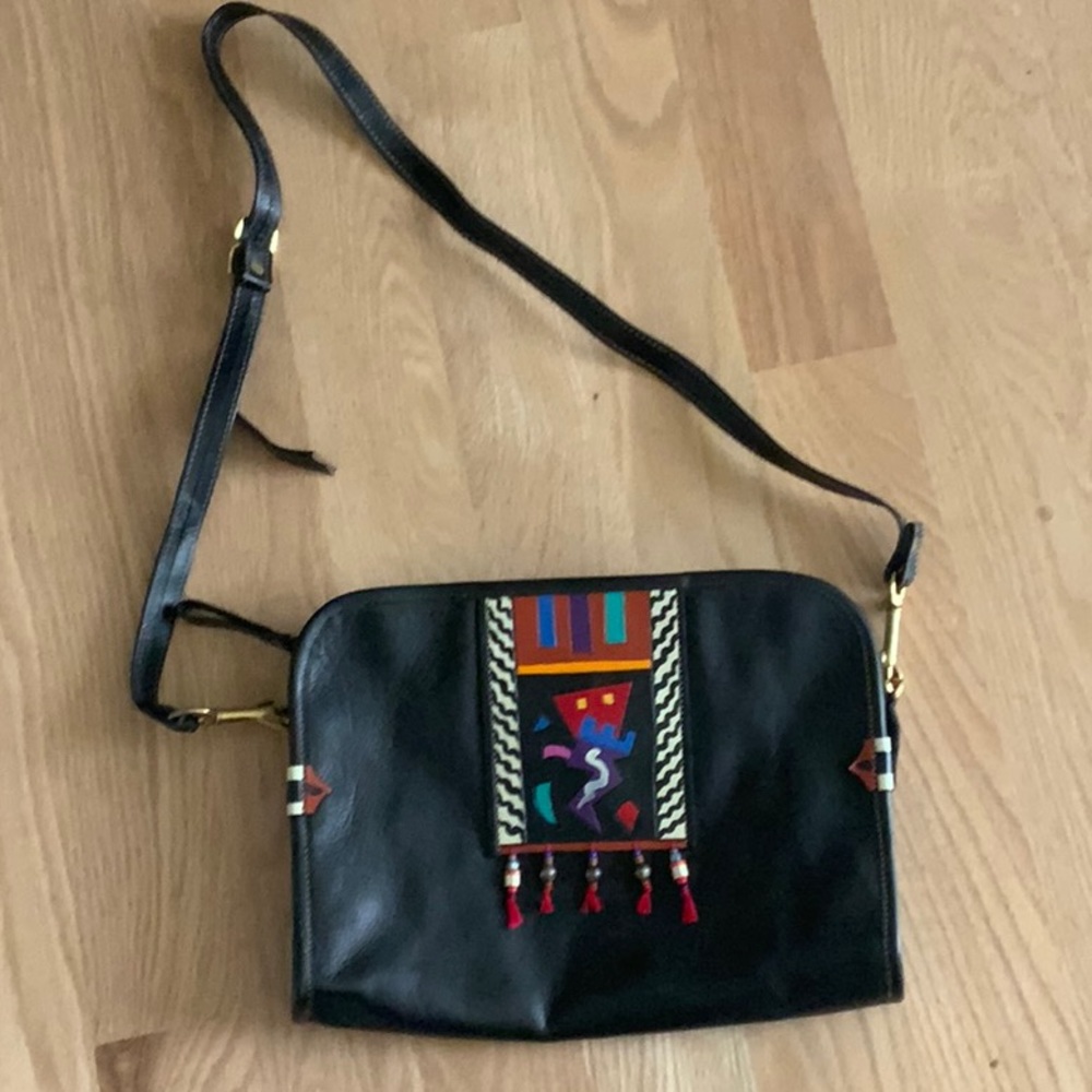 Beautiful Black Leather purse with tassels and colorful details